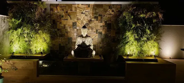 Aquário ornamental e paisagismo iluminados à noite